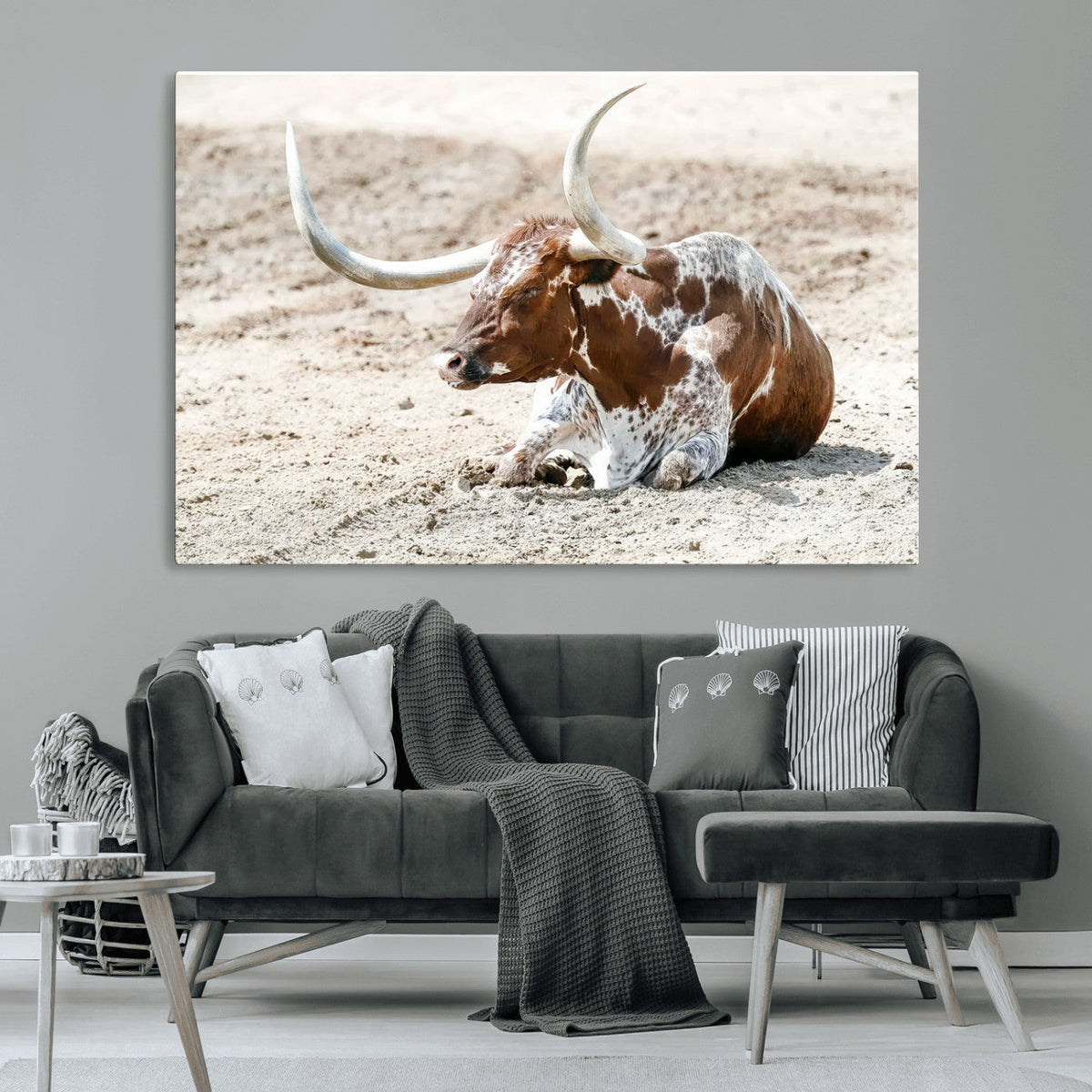 Majestic Longhorn Wall Art Canvas Print, Resting on Sunlit Desert Ground
