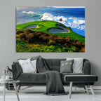 Coastal Golf Course Wall Art Canvas Print, Vibrant Green with Sand Bunkers and Ocean Waves