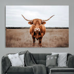 Longhorn Bull Wall Art Canvas Print, Framed Rustic Decor
