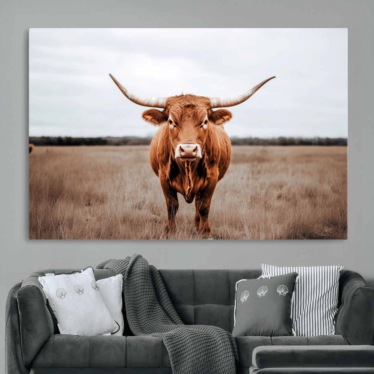 Longhorn Bull Wall Art Canvas Print, Framed Rustic Decor