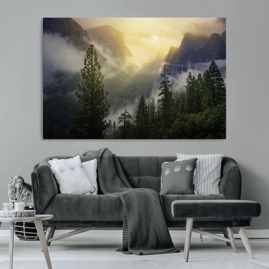Misty Forest Sunrise Wall Art Canvas Print, Framed Mountain Valley Pine Trees