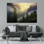 Misty Forest Sunrise Wall Art Canvas Print, Framed Mountain Valley Pine Trees