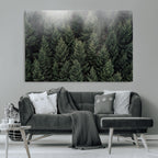 Misty Pine Forest Wall Art Canvas Print, Lush Green Trees Surrounded by Gentle Fog