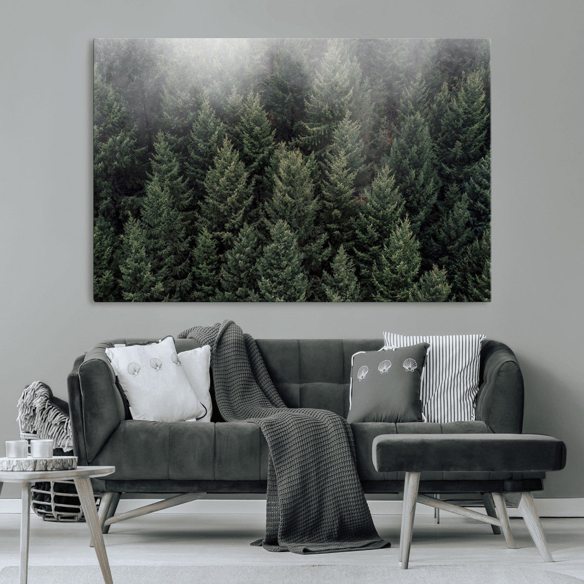 Misty Pine Forest Wall Art Canvas Print, Lush Green Trees Surrounded by Gentle Fog