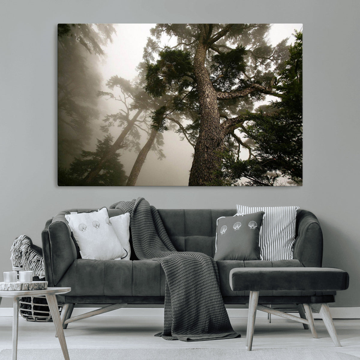 Misty Forest Wall Art Canvas Print, Framed Tall Trees in Foggy Atmosphere