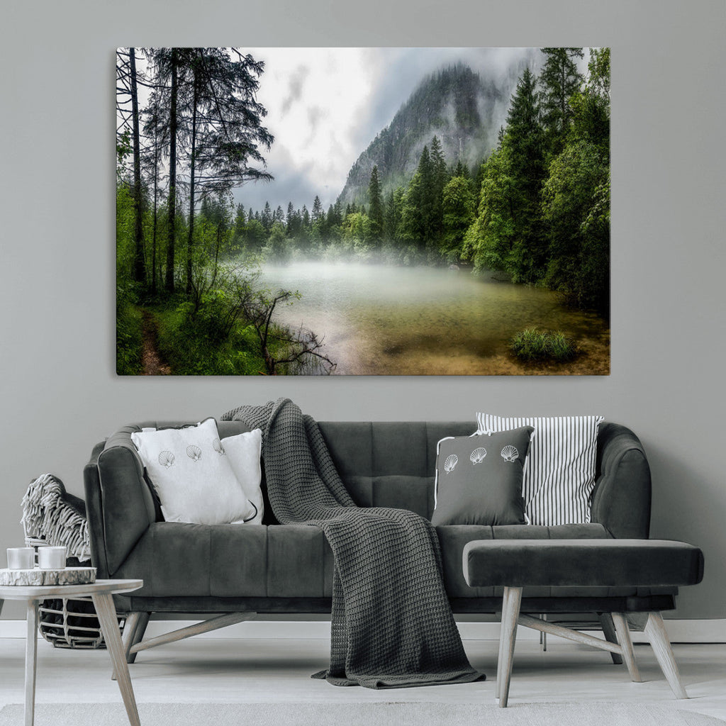 Misty Lake Forest Wall Art, Green Trees and Calm Water Reflection, Mountain Fog Landscape Canvas