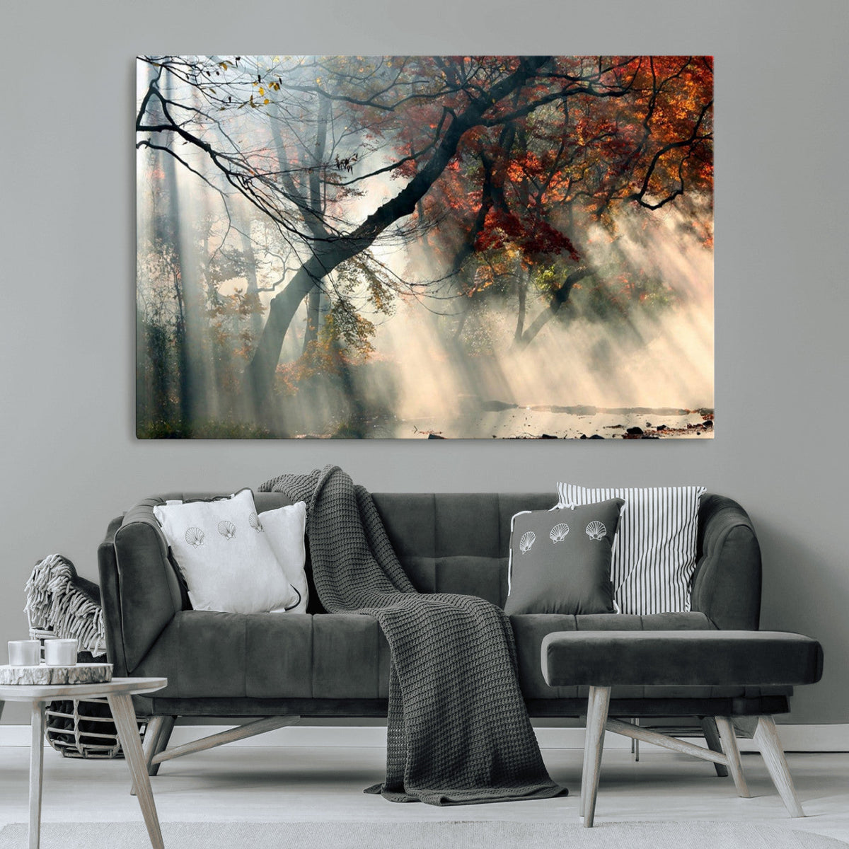 Sunlit Autumn Forest Wall Art, Misty Trees with Sun Rays, Peaceful Fall Landscape Canvas Print