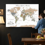 Custom Beige Push Pin World Map Wall Art, Bucket List Map, Study and Hallway Decor