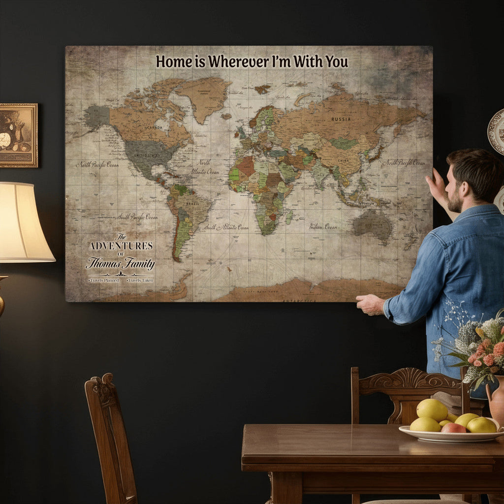 Personalized Beige Geometric World Map Canvas with Push Pins, Next Trip Planner Map, Study and Entryway Decor
