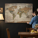 Personalized Beige Geometric World Map Canvas with Push Pins, Next Trip Planner Map, Study and Entryway Decor