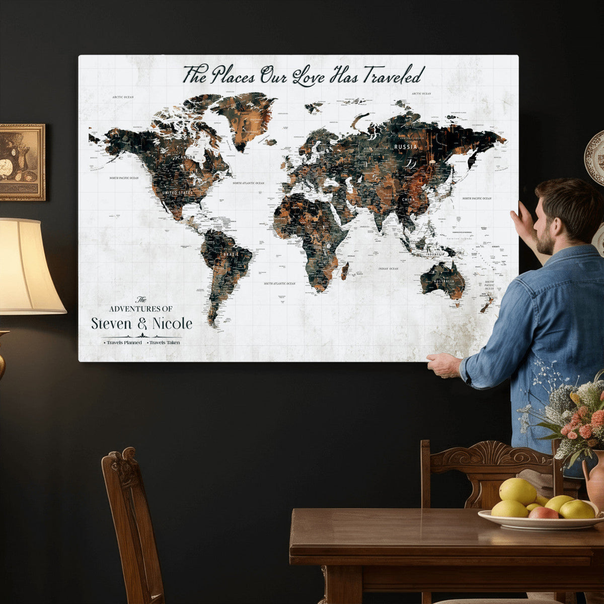 Custom Navy Geometric Push Pin World Map Canvas Print, Bucket List Map, Living Room and Home Office Decor