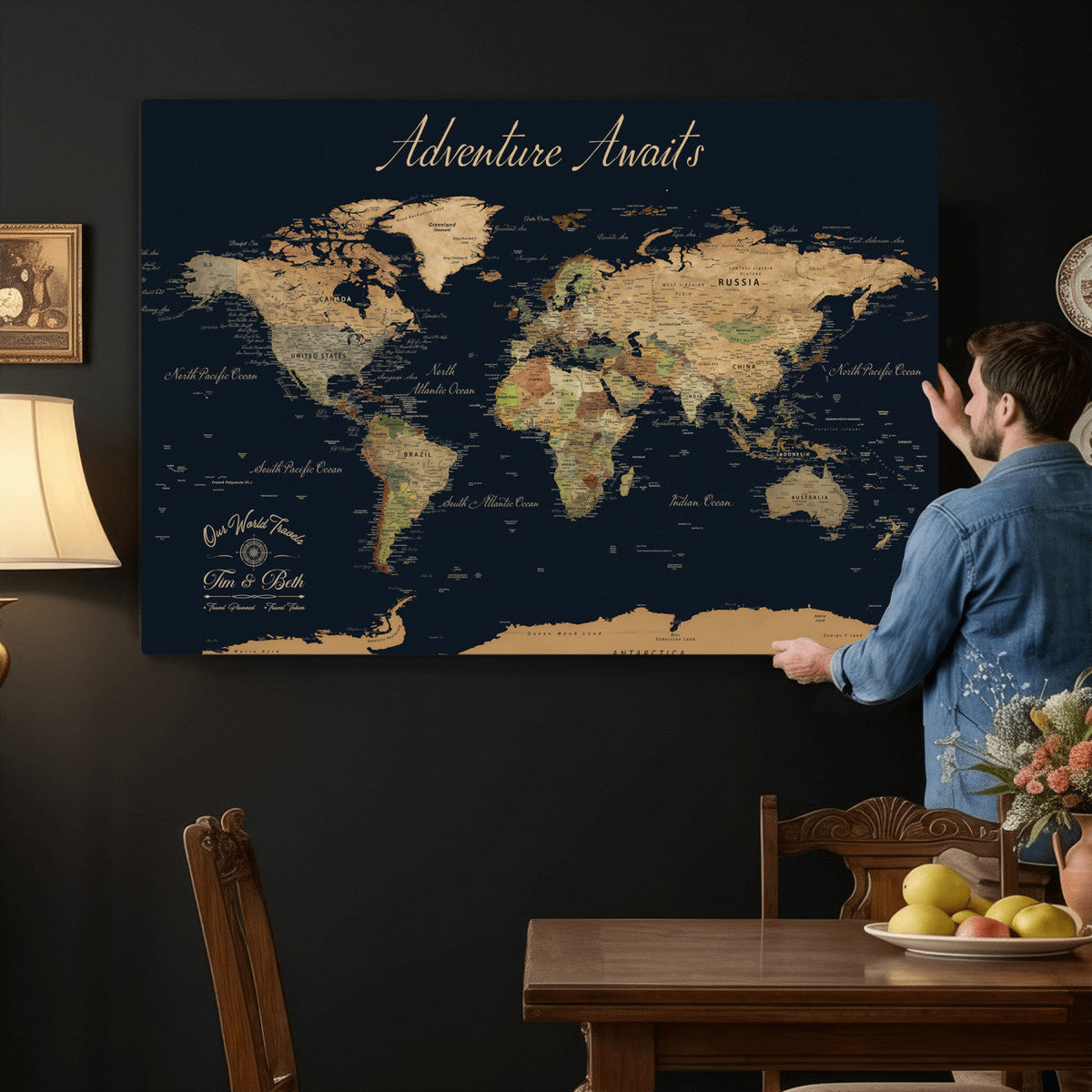 Personalized Navy Geometric World Map Canvas with Push Pins, Honeymoon and Anniversary Gift, Home Office and Hallway Decor