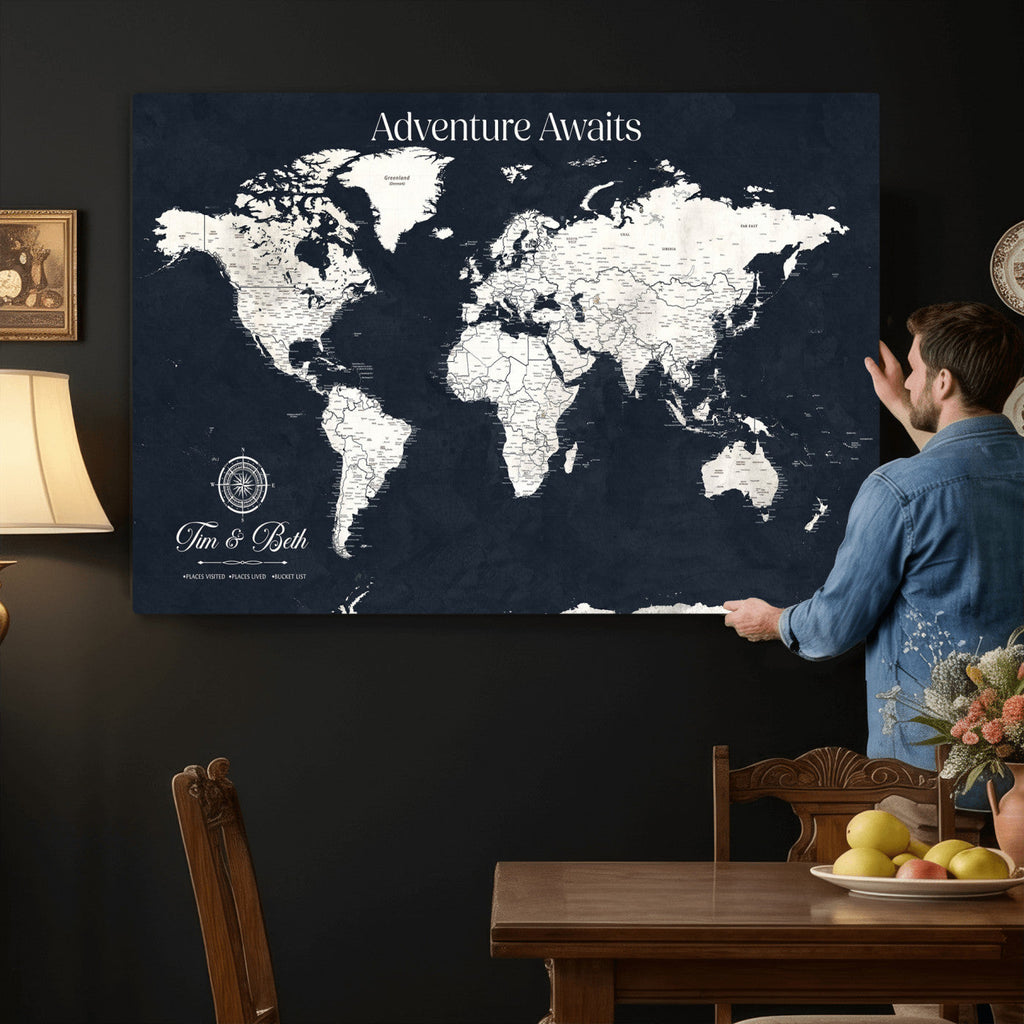 Custom World Map Wall Art Canvas Print | Personalized Push Pin Travel Tracker