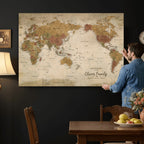 Personalized Framed Navy Modern World Map Canvas with Push Pins, Bucket List Map, Living Room and Entryway Decor