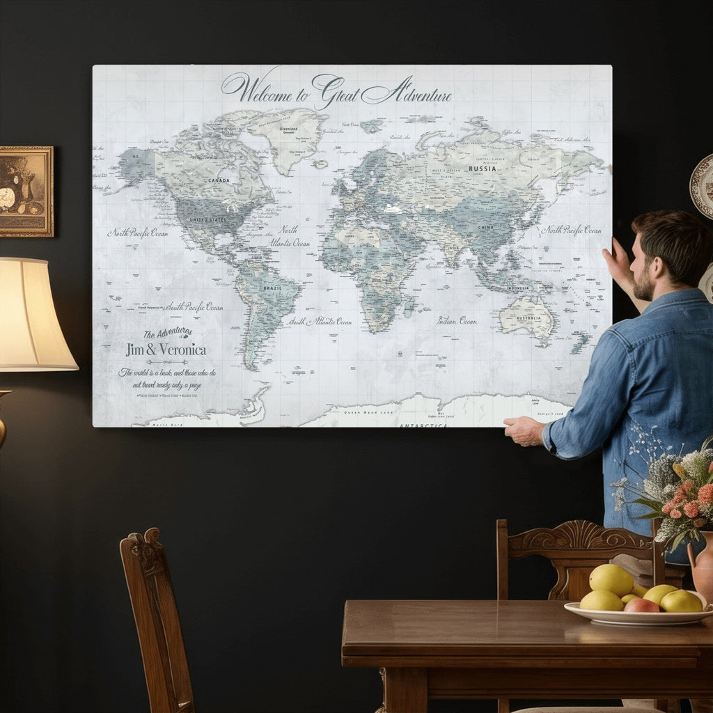 Personalized Beige Antique Push Pin World Map Canvas Print, Family Travel Tracker, Family Room and Entryway Decor
