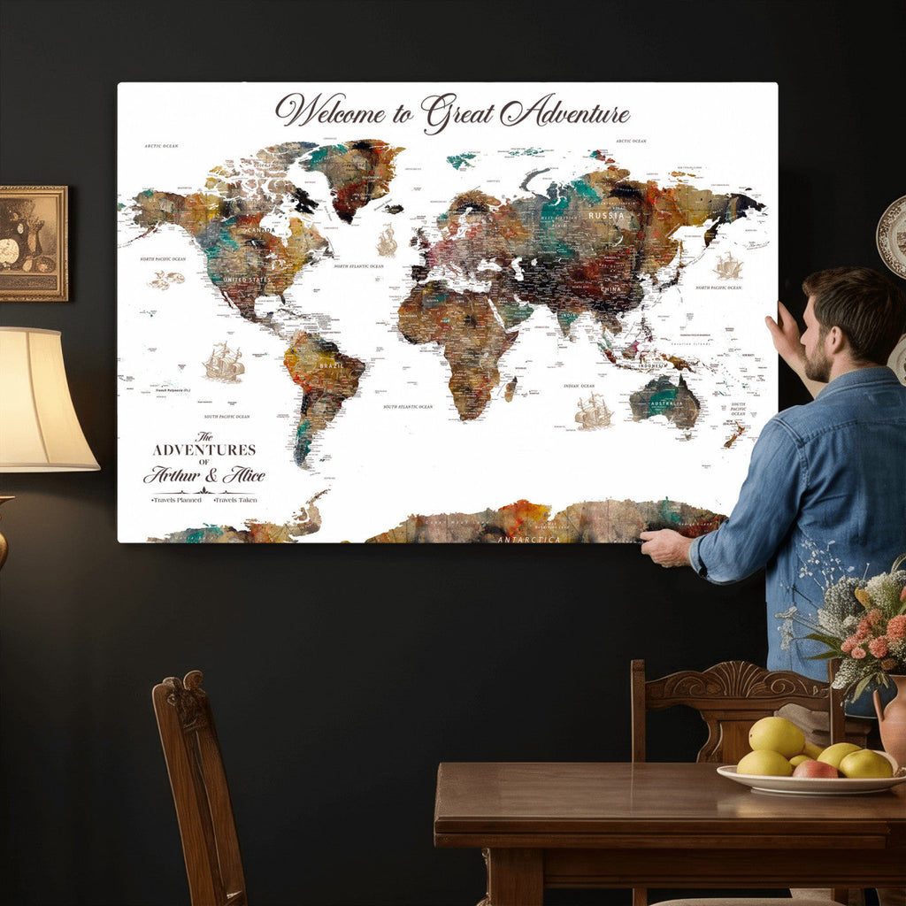 Custom Framed Beige Modern Push Pin World Map Wall Art, Couples Countries Visited Map, Study and Entryway Decor