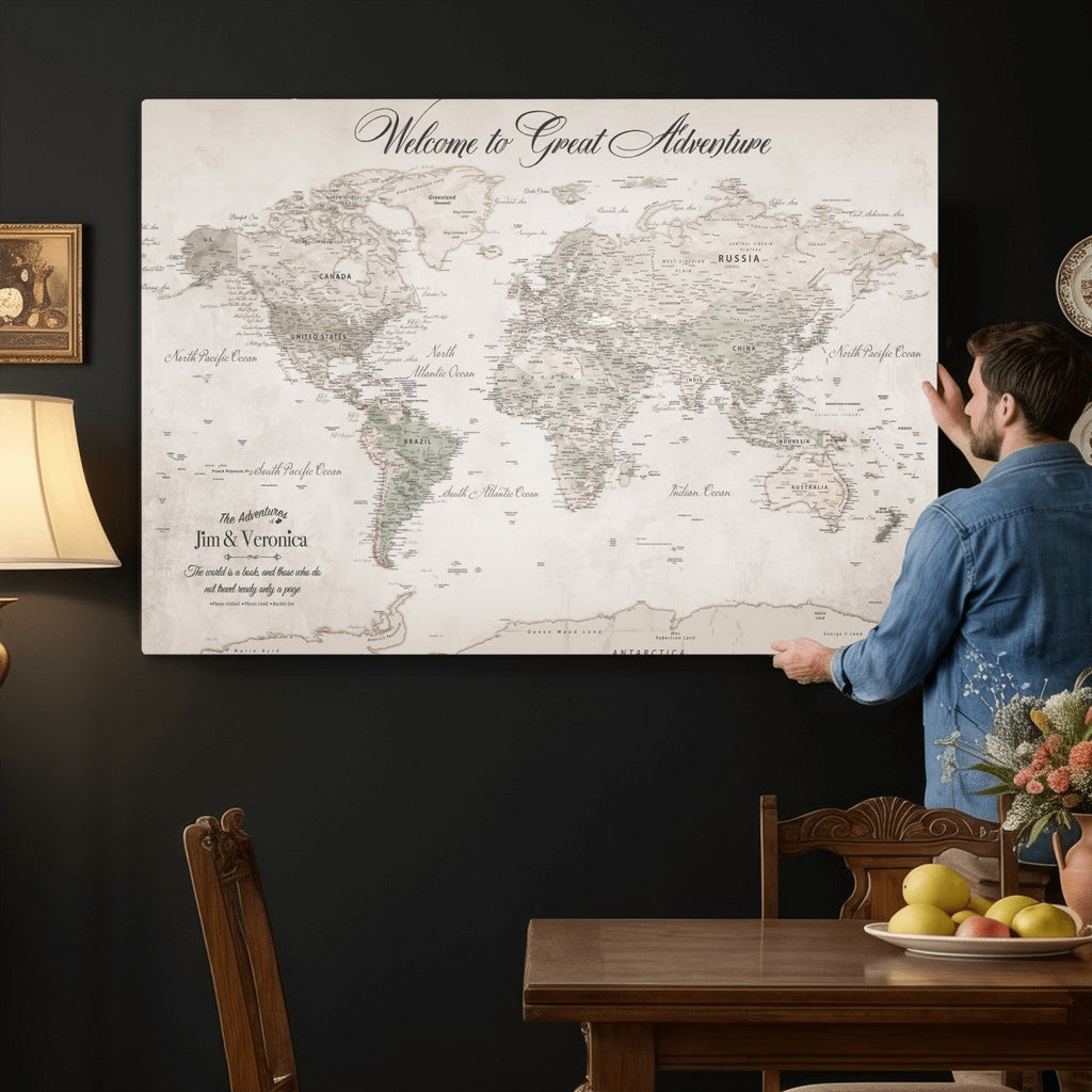 Personalized Beige World Map Canvas with Push Pins, Places Visited Tracker, Family Room and Entryway Decor