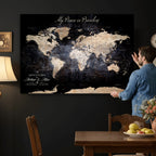 Personalized Beige World Map Canvas with Push Pins, Couples Countries Visited Map, Study and Hallway Decor