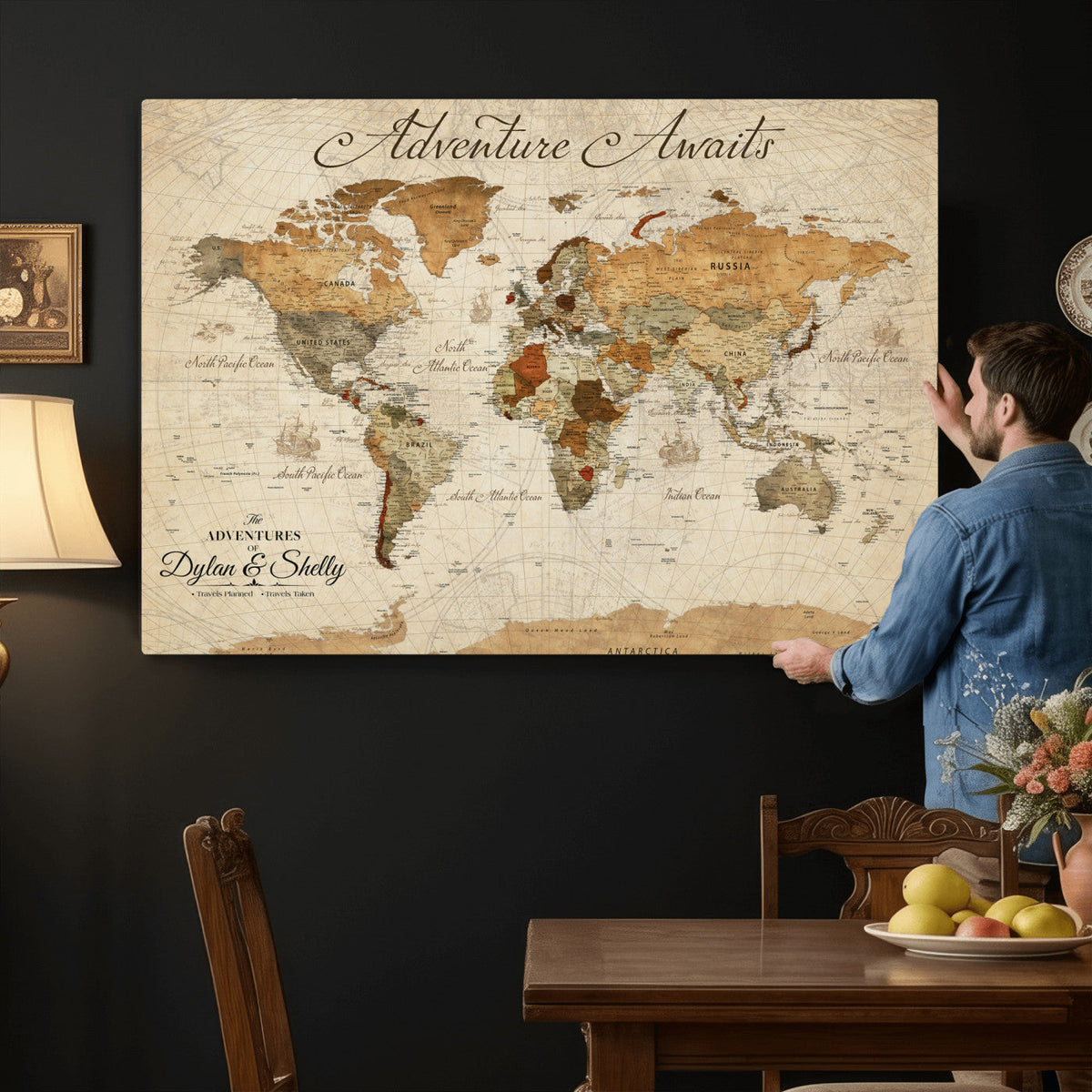 Personalized Black Modern World Map Canvas with Push Pins, Family Travel Tracker, Bedroom and Study Decor