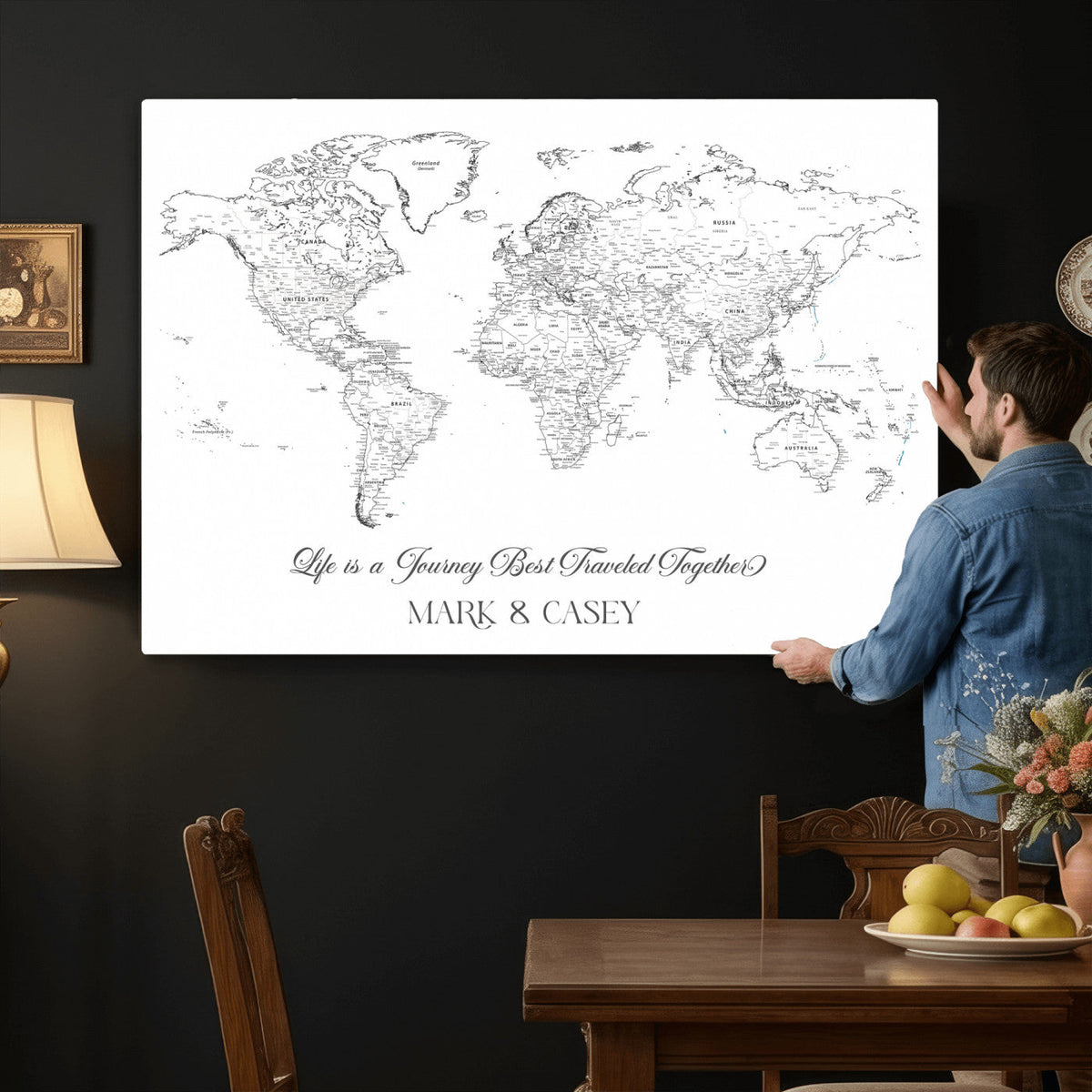 Personalized Framed Beige Modern Push Pin Travel Map Canvas Print, Couples Countries Visited Map, Living Room and Family Room Decor
