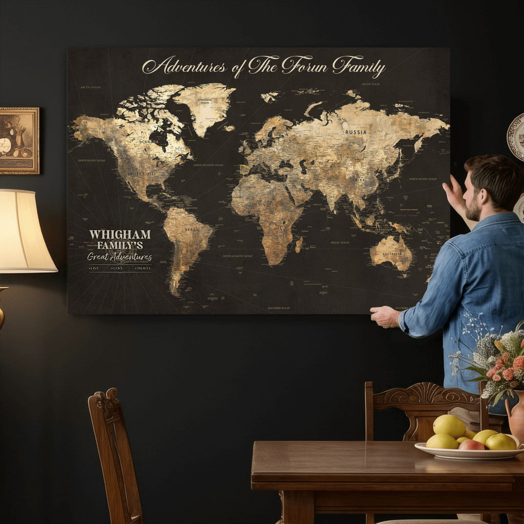 Personalized Framed Beige World Travel Map Wall Art with Pins, Couples Countries Visited Map, Family Room and Dining Room Decor
