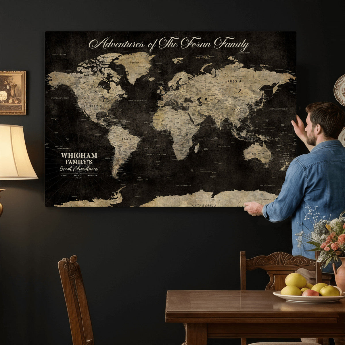 Personalized Framed Black Modern World Map Canvas with Push Pins, Next Trip Planner Map, Dining Room and Home Office Decor