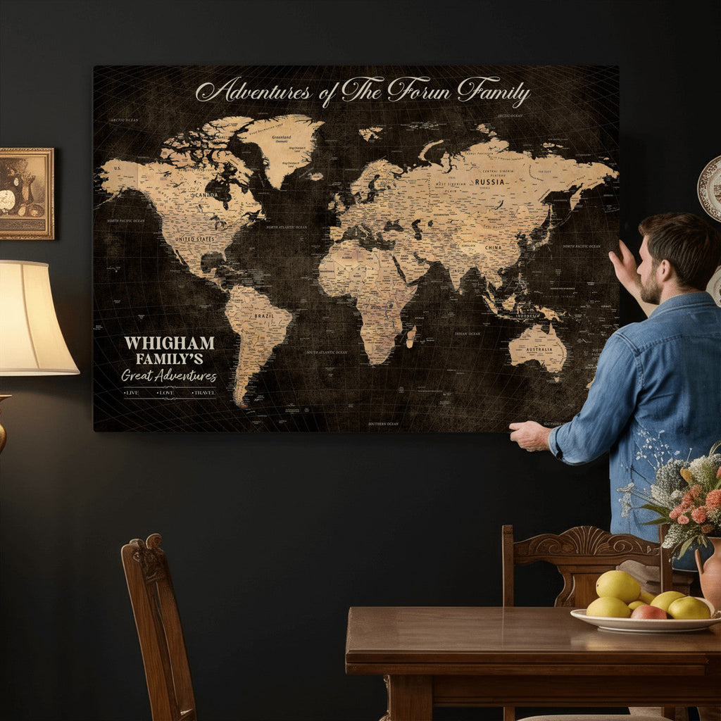 Personalized Framed Beige Geometric Push Pin Travel Map Canvas Print, Honeymoon and Anniversary Gift, Dining Room and Hallway Decor