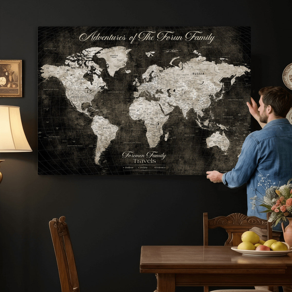 Personalized Framed Beige Push Pin World Map Canvas Print, Couples Countries Visited Map, Dining Room and Study Decor