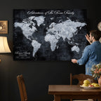 Personalized Framed Beige Modern Push Pin World Map Wall Art, Places Visited Tracker, Family Room and Dining Room Decor