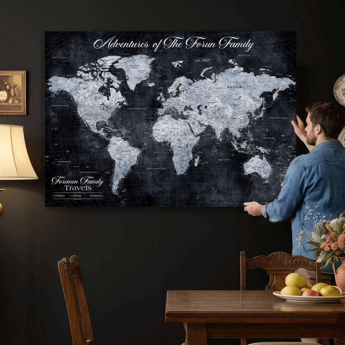 Personalized Framed Beige Modern Push Pin World Map Wall Art, Places Visited Tracker, Family Room and Dining Room Decor