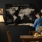 Personalized Framed Black Geometric World Map Canvas with Push Pins, Bucket List Map, Living Room and Dining Room Decor