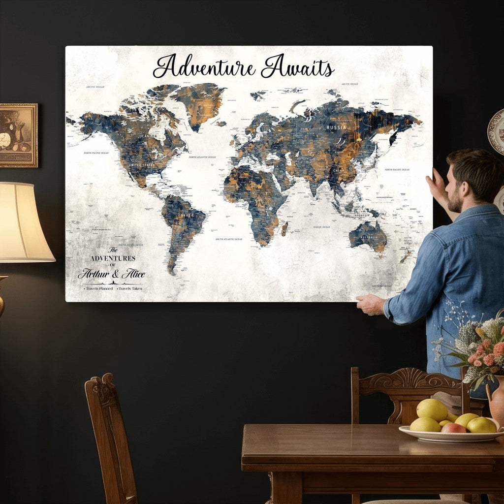 Custom Framed Beige Geometric World Travel Map Wall Art with Pins, Places Visited Tracker, Family Room and Home Office Decor