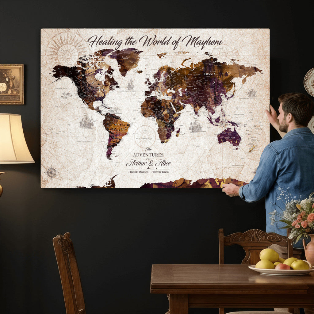 Personalized Framed Navy World Travel Map Wall Art with Pins, Honeymoon and Anniversary Gift, Living Room and Bedroom Decor