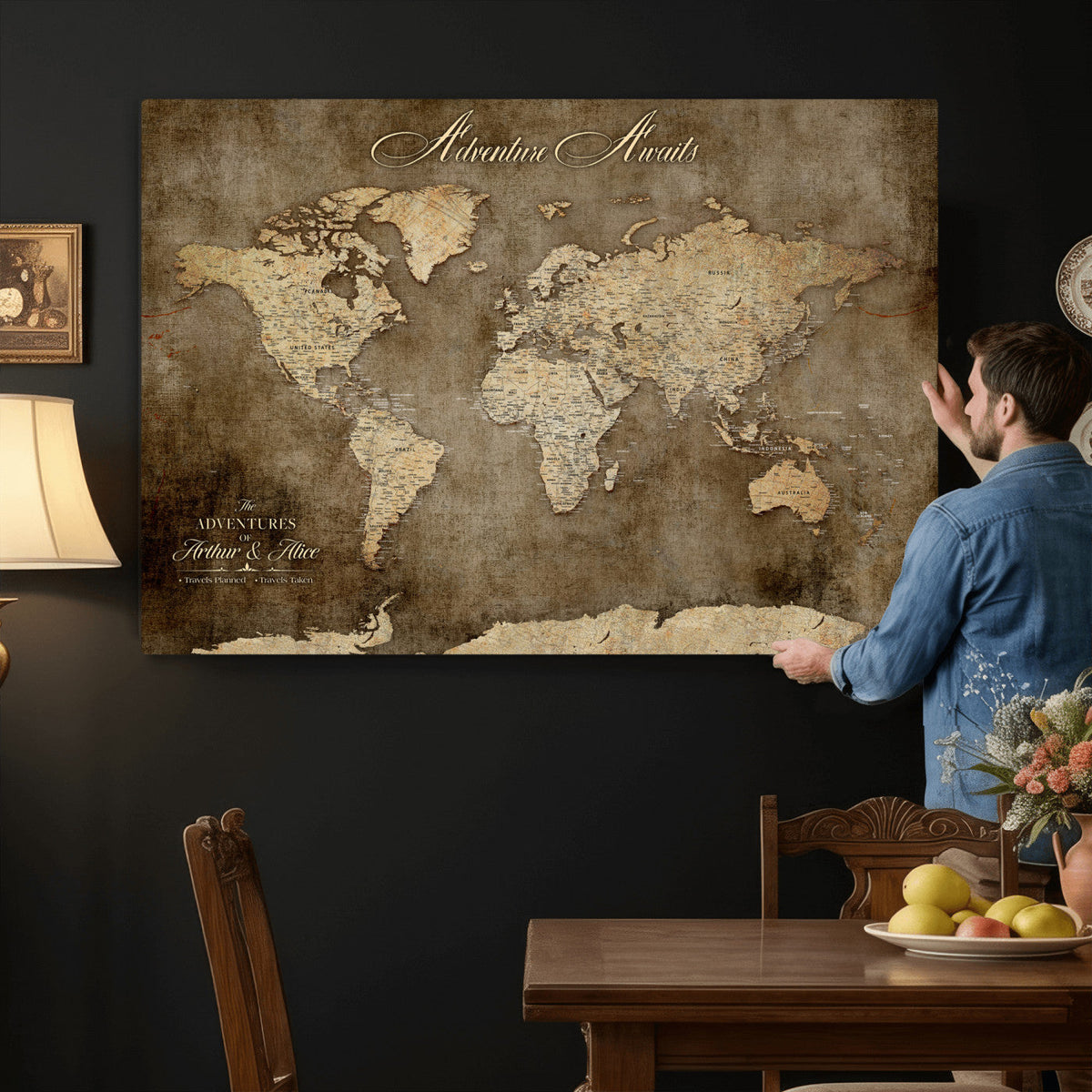Personalized Framed Beige Push Pin Travel Map Canvas Print, Bucket List Map, Bedroom and Study Decor