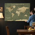Personalized Framed Beige Geometric Push Pin World Map Canvas Print, Honeymoon and Anniversary Gift, Dining Room and Bedroom Decor