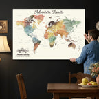 Custom Beige World Map Canvas with Push Pins, Honeymoon and Anniversary Gift, Dining Room and Entryway Decor