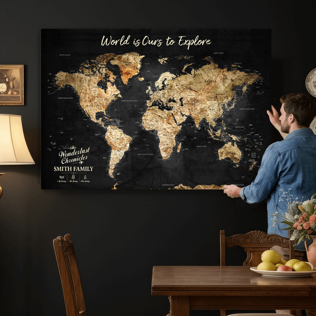 Personalized Framed Black Beige Modern World Travel Map Wall Art with Pins, Bucket List Map, Living Room and Hallway Decor