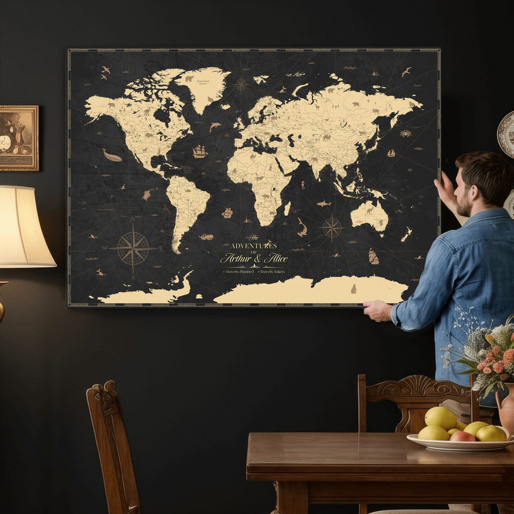Personalized Beige Push Pin World Map Canvas Print, Places Visited Tracker, Home Office and Study Decor