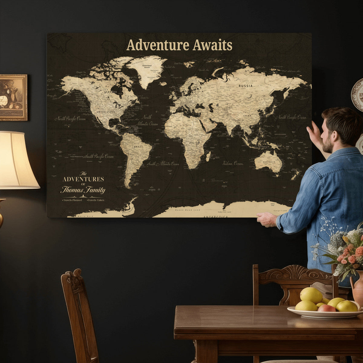 Custom Beige Push Pin World Map Wall Art, Next Trip Planner Map, Living Room and Home Office Decor