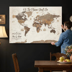 Custom Beige World Travel Map Wall Art with Pins, Couples Countries Visited Map, Living Room and Study Decor