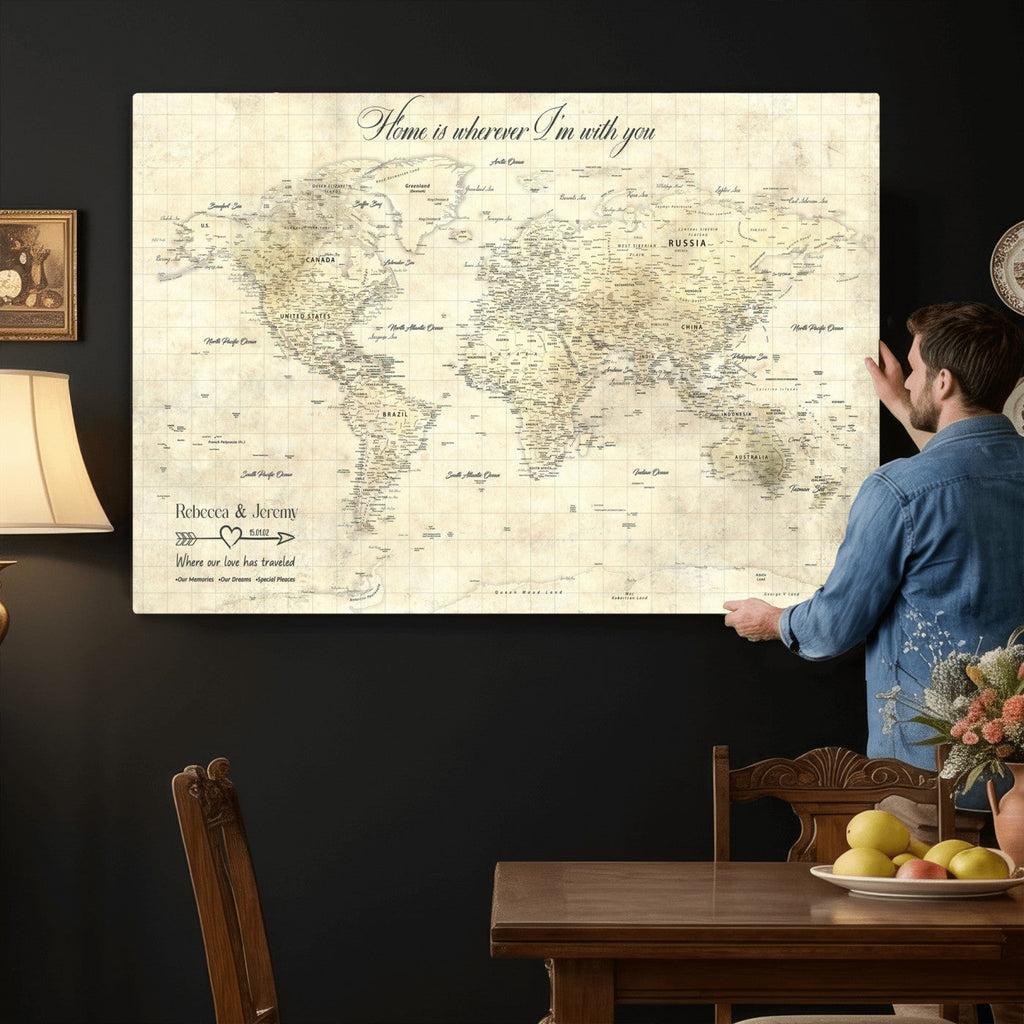 Personalized Beige Modern Push Pin World Map Wall Art, Honeymoon and Anniversary Gift, Bedroom and Study Decor