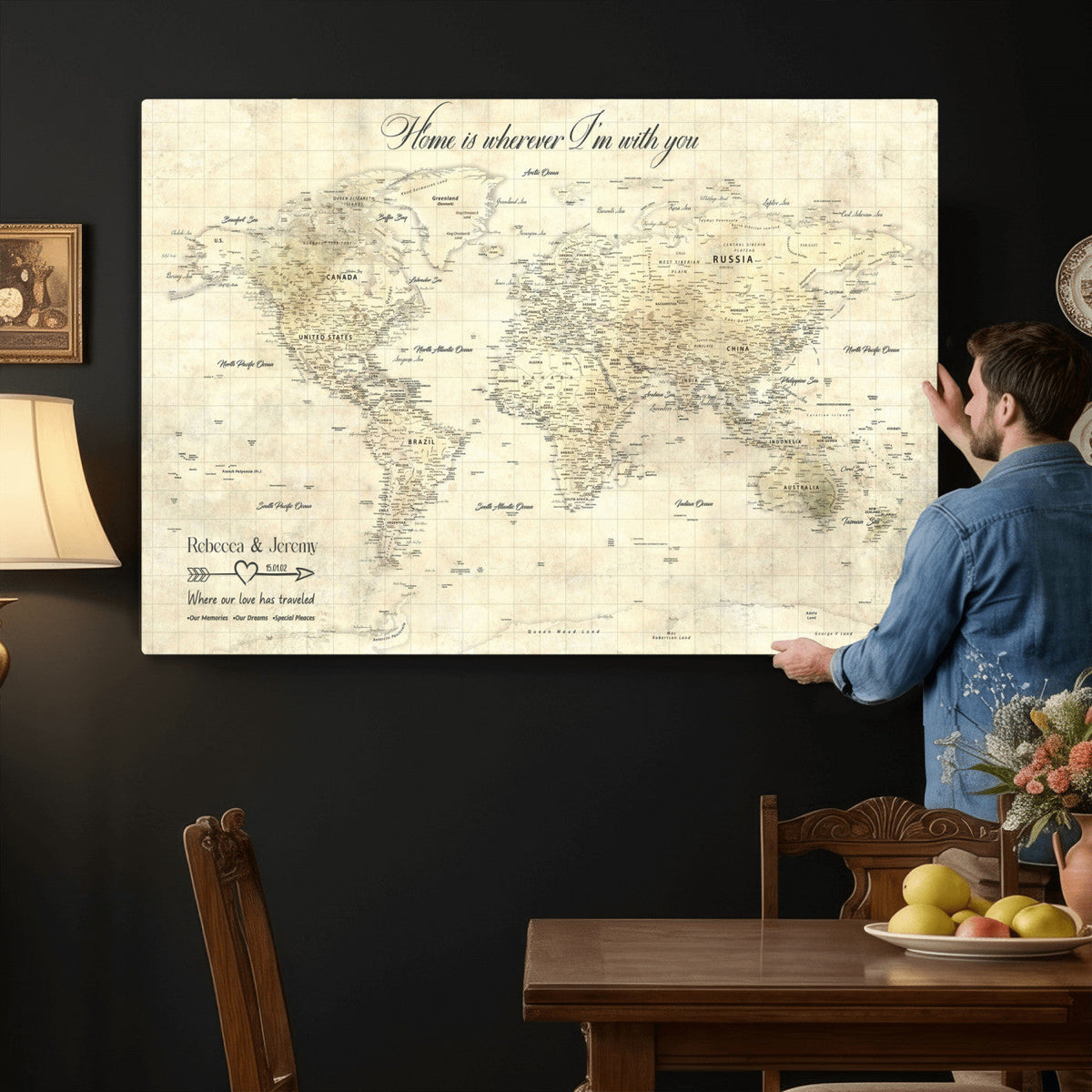 Personalized Beige Modern Push Pin World Map Wall Art, Honeymoon and Anniversary Gift, Bedroom and Study Decor