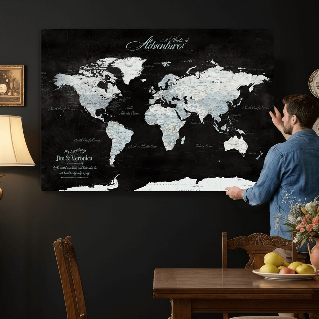 Custom Beige World Travel Map Wall Art with Pins, Places Visited Tracker, Bedroom and Home Office Decor