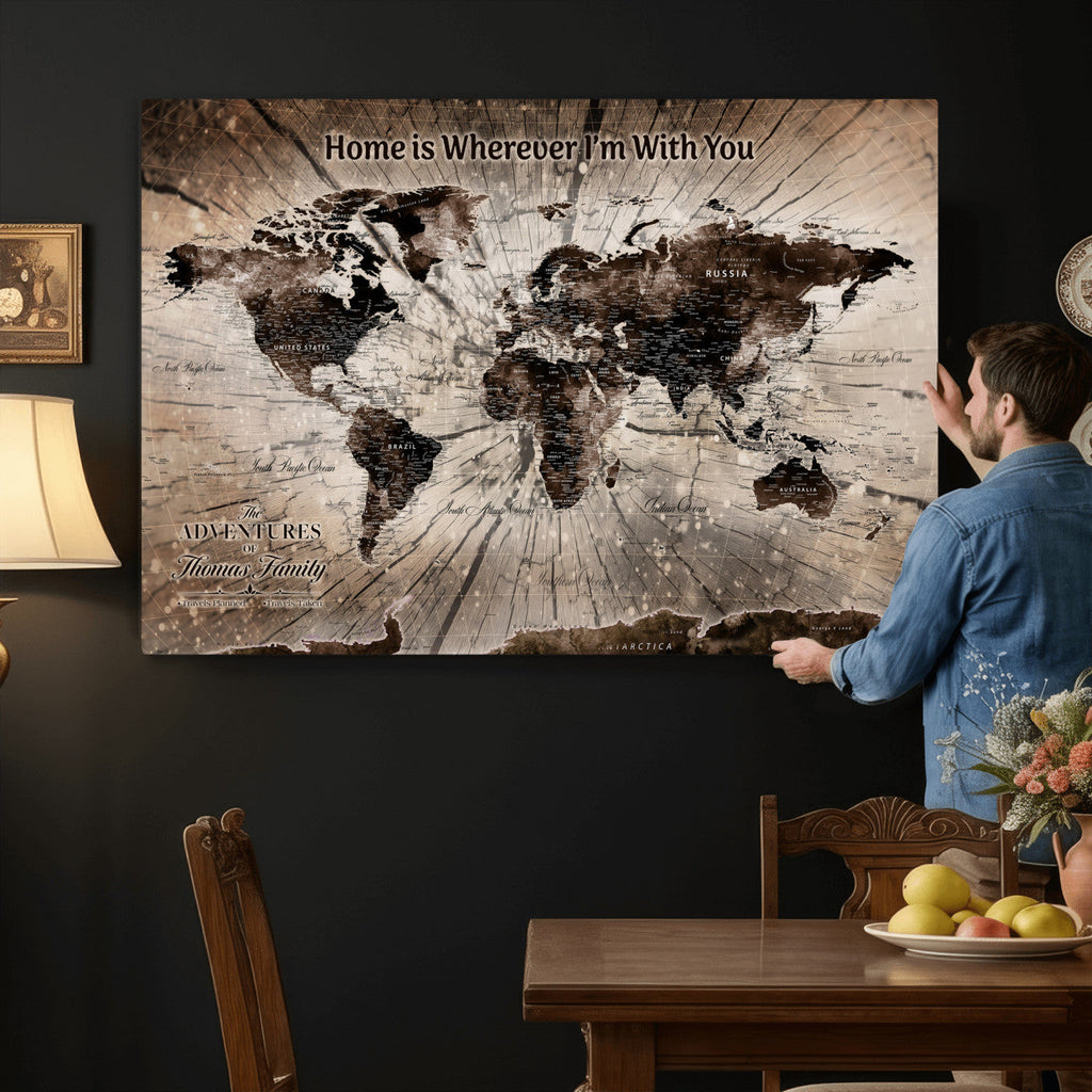 Personalized Push Pin World Map Wall Art Canvas Print, Customizable Framed Travel Map - NEWMAP-085