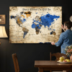 Personalized Framed Beige World Map Canvas with Push Pins, Honeymoon and Anniversary Gift, Living Room and Home Office Decor