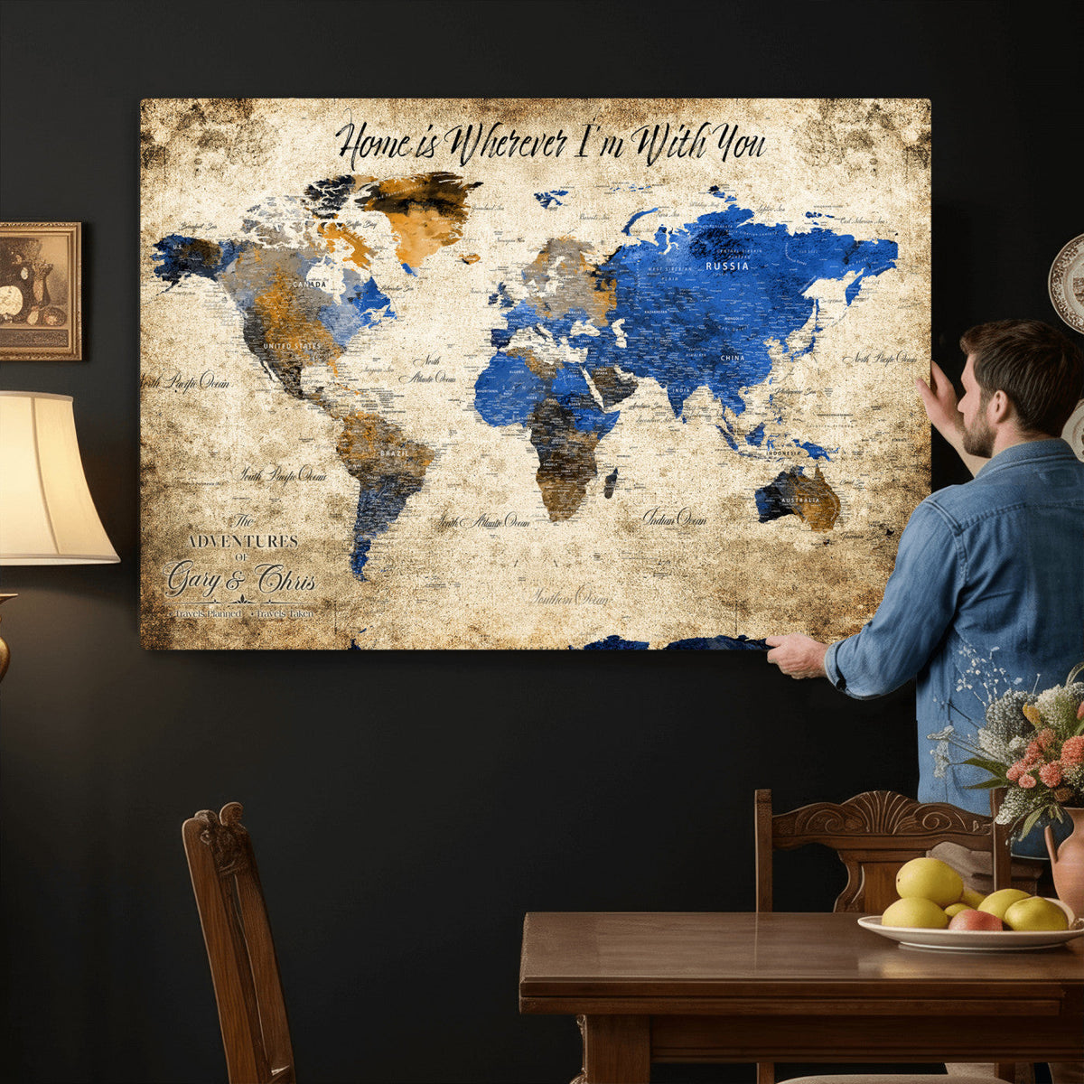 Personalized Framed Beige World Map Canvas with Push Pins, Honeymoon and Anniversary Gift, Living Room and Home Office Decor