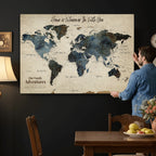 Personalized Framed Black Modern Push Pin Travel Map Canvas Print, Family Travel Tracker, Home Office and Entryway Decor