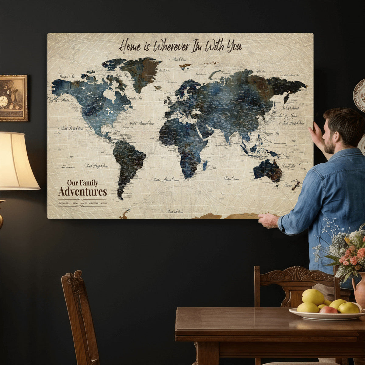 Personalized Framed Black Modern Push Pin Travel Map Canvas Print, Family Travel Tracker, Home Office and Entryway Decor