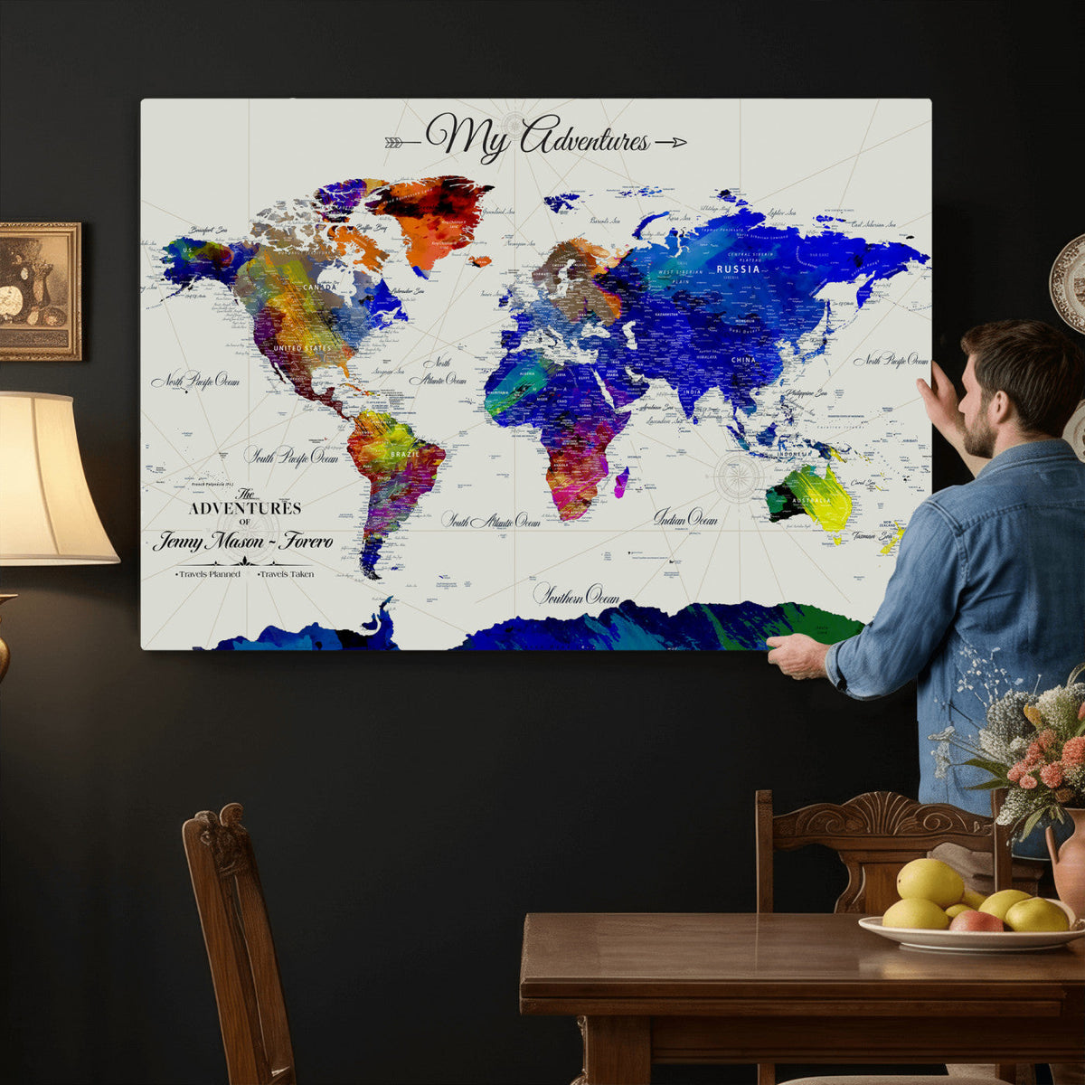 Detailed Custom Framed Beige Modern World Map Canvas with Push Pins, Honeymoon and Anniversary Gift, Dining Room and Home Office Decor