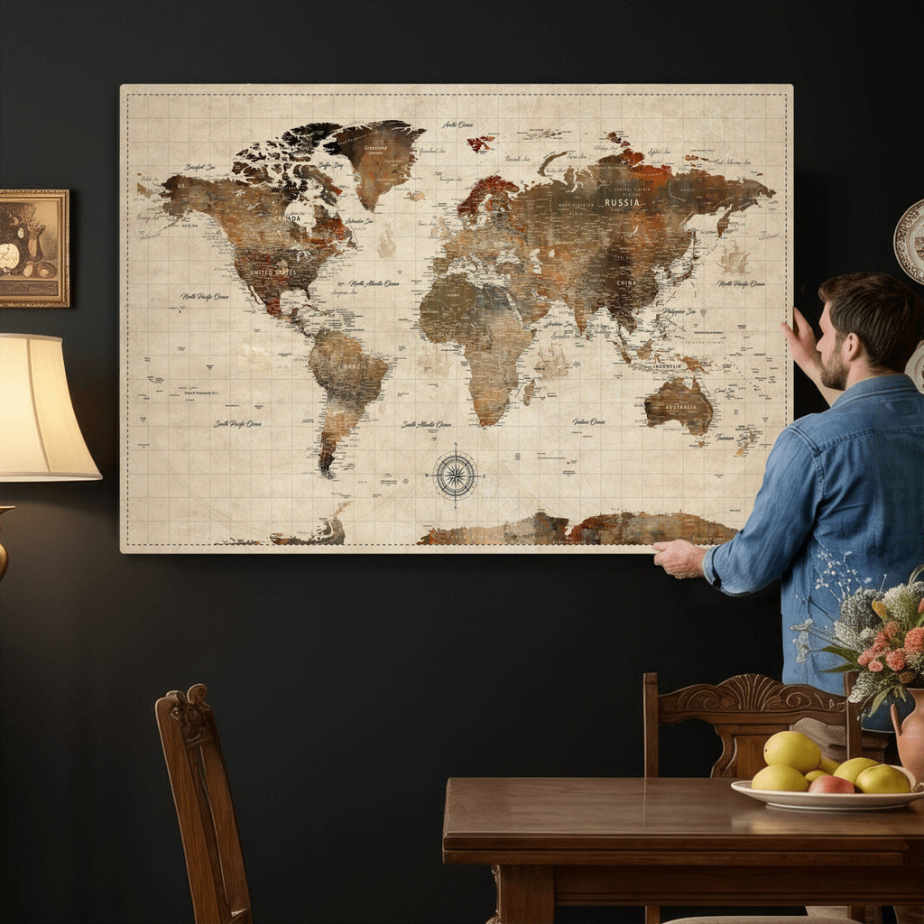 Vintage World Map Wall Art Canvas Print for Living Room, Office and Study